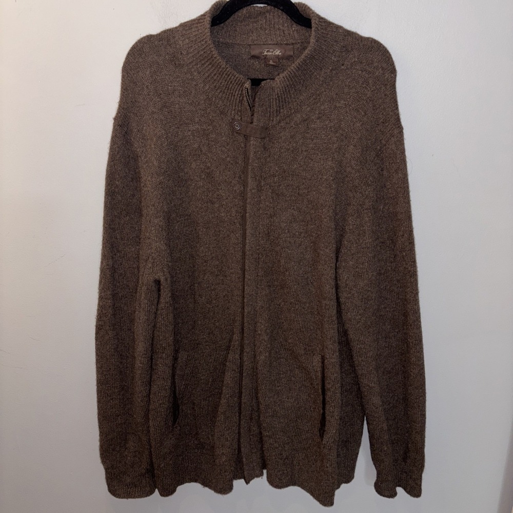 Tasso Elba Men's Brown Zip Up Sweater Cardigan Lambswool Mock Neck Size XL